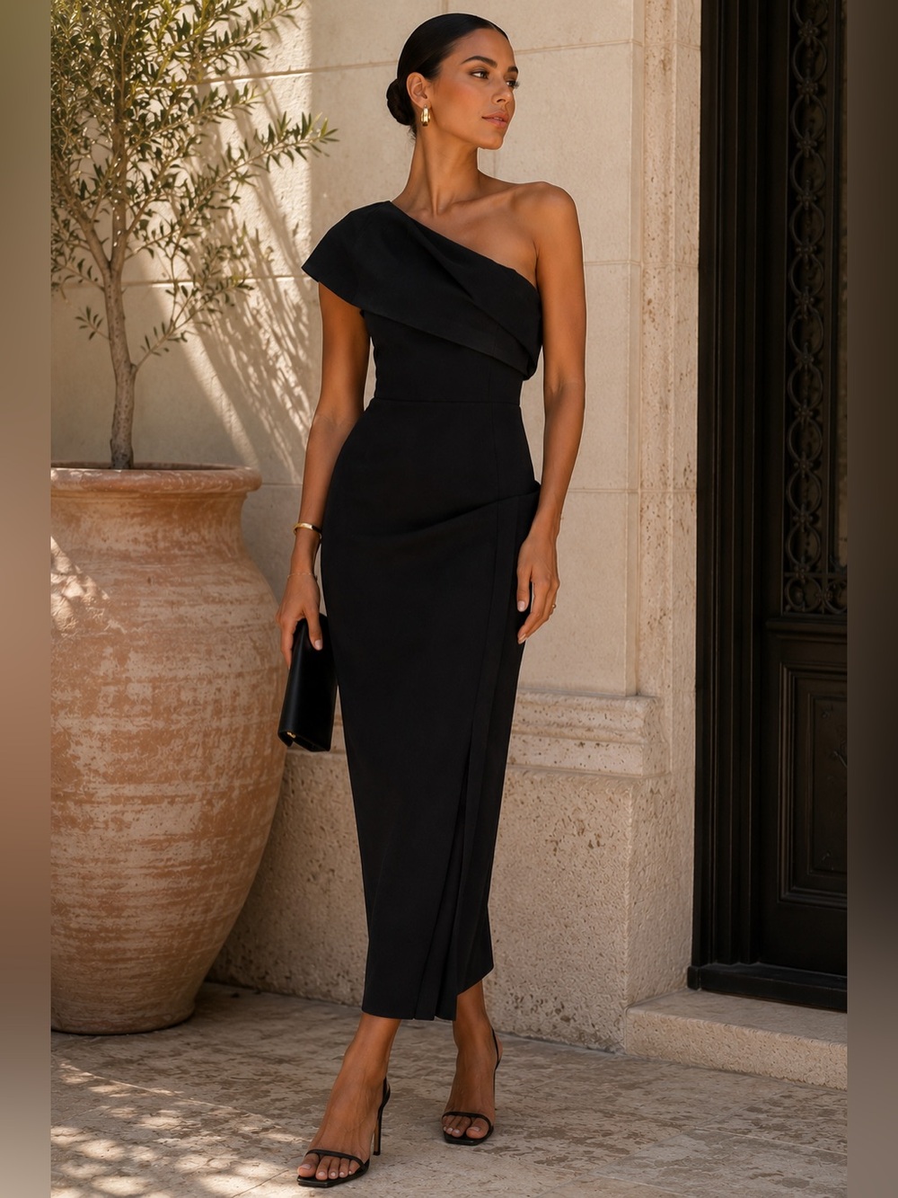 One-Shoulder Black Midi Dress